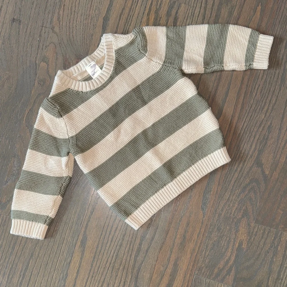 Carter’s Green & Cream Striped Sweater & Denim Overalls Set | 18M